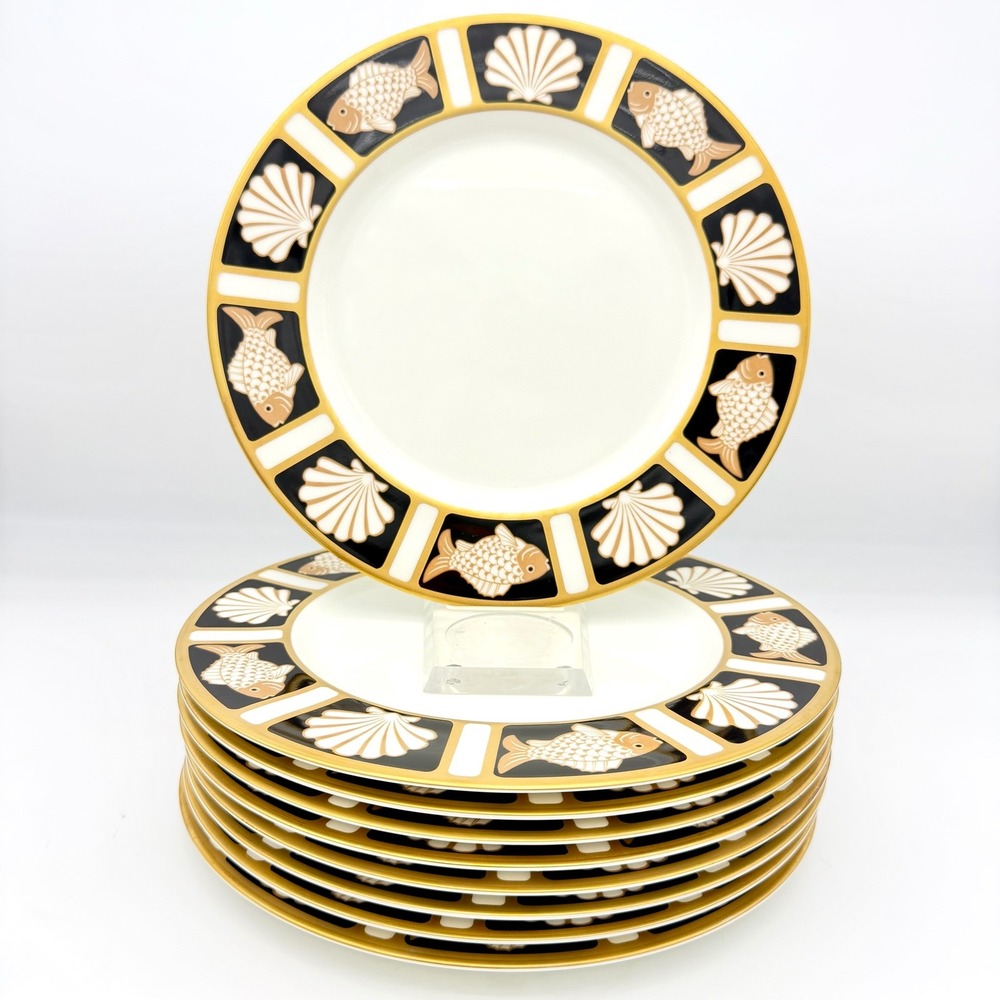 Mikasa Home Dinner Plates 10.5in Bone China Fish Shell Onyx Gold-Tone Set Of 9